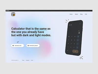 Calculator - Daily UI 4 ( + Landing and App Icon) android app appicon blur calculator clean cta dailyui doodlse glass ios landing minimal mobile simple ui