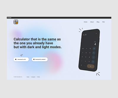 Calculator - Daily UI 4 ( + Landing and App Icon) android app appicon blur calculator clean cta dailyui doodlse glass ios landing minimal mobile simple ui
