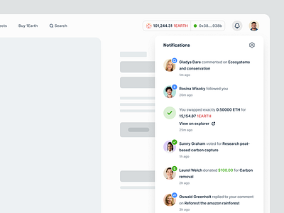 Notification Dropdown for Earth Fund activities activity annoucement clean coin crypto dropdown earth fund minimal nav bar navigation notification settings token ui ui design user ux ux design web design