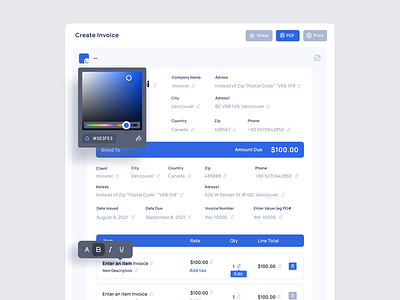 Invoice creation screen - Dashboard blue branding create creative dashboard design illustration invoice invoice create logo problems solve uidesign ux uxdesign webdesign