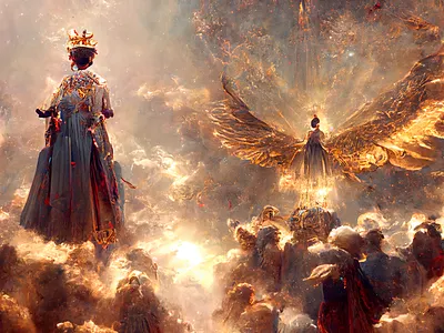 Queen Elizabeth II Ascending ai ai art ai illustration angel archangel artificial intelligence dalle dalle2 dallemini elizabeth heaven illustration midjourney midjourney art open ai openai queen queen elizabeth queen elizabeth ii wings