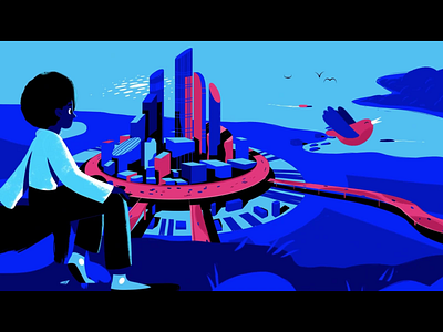 Digital Ocean 2d ae after effects animation blue character city design digital fish flat future gif illustration loop motion ocean pink sea underwater