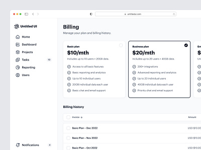 Billing settings — Untitled UI b2b dashboard plans preferences pricing pricing cards pricing plan product design saas settings table ui design user interface ux design