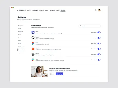Integrations settings page — Untitled UI admin integrations minimalism nav preferences product design saas settings tabs toggle ui design user interface ux design