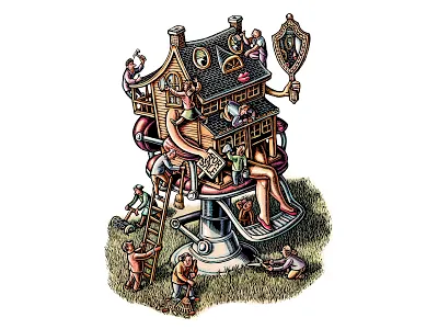 "A Right Neighborly Makeover" for the Denver Post building construction cooperation drawing editorial illustration home house illustration lisa haney remodel remodelling renovation scratchboard