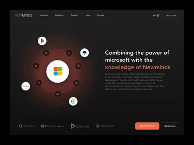 Newminds - Hero header - Dark mode clean dark mode dark theme field service header hero illustration microsoft minimal minimal design minimal website typography ui ui design ux ux design