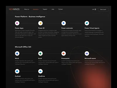 Newminds - Dark mode - Solutions page black dark mode dark theme field service microsoft minimal design minimal website orange solutions solutions page ui ui design ux ux design web design