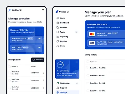 Billing settings page — Untitled UI billing blue dashboard fintech minimal nav plans preferences product design settings side nav sidenav table tabs ui design user interface ux design