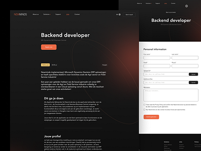 Job offer - Dark mode - Newminds career career page clean dark dark mode dark theme job offer job offer page minimal orange ui ui design ux ux design vacancies vacancy