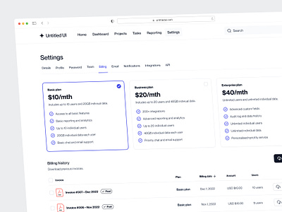 Plans and billing settings — Untitled UI b2b dashboard plans preferences pricing pricing cards pricing plan product design saas settings table tabs ui design user interface ux design