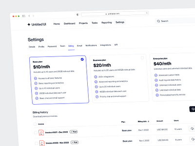 Plans and billing settings — Untitled UI b2b dashboard plans preferences pricing pricing cards pricing plan product design saas settings table tabs ui design user interface ux design