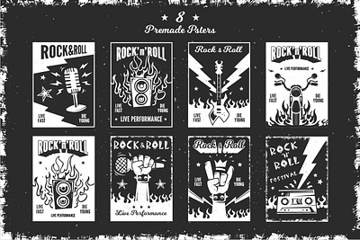 Rock and roll posters black and white branding business card design electric guitar emblem flayer graphic design grunge heavy metal label logo music retro rock rock n roll scull vector vintage wings