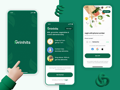 Grocery App : Grinhits Onboarding Screens 3d adobe xd animation app branding design figma graphic design grocery app icon illustration logo motion graphics onbaording screens typography ui ux vector