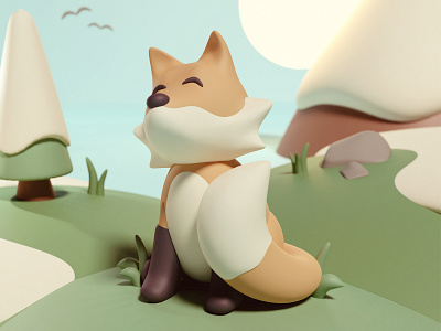 fox 3d 3d art animal art blender character design fox grass illustration mountain orange scene snow tail tree