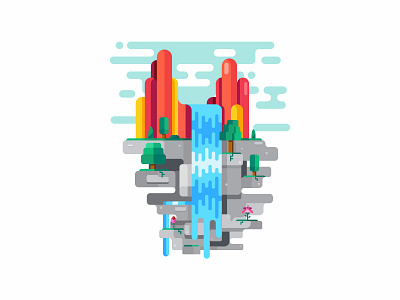 Waterfall cloud design flat flying forest illustration island landscape mountain nature pine sky tree water waterfall woods