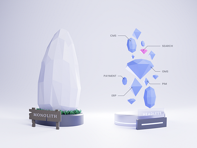 Monolith vs. Headless 3d algolia b3d blender blender3d comparison dark mode dark theme design ecommerce gems headless illustration light mode light theme monolith retail stone