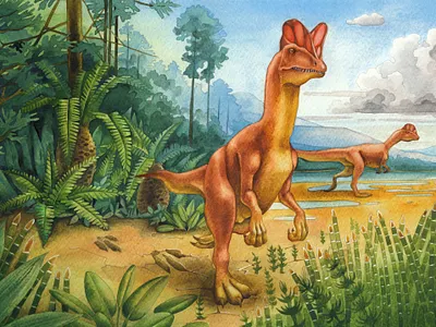 Watercolor Dilophosaurs. animal art connecticut creature design dilophosaurs dino dinosaur ekaterina glazkova illustration jurrasic landscape nature prehistoric watercolor watercolor painting watercolour