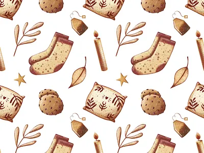 Cozy hygge seamless pattern adorable background clipart cute graphic illustration ochre
