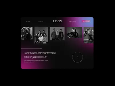 Livio — Ticket Reservation for Live Shows artist bands concert concerts dark dark mode gradient live shows reservation reservation app ticket ui web web design website