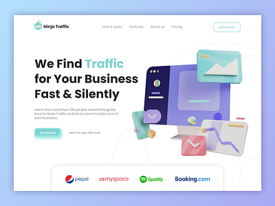 Home Page Design advertising agency app branding business claymorphism color design fonts gradient homepage illustrations promotion traffic ui ux web design website