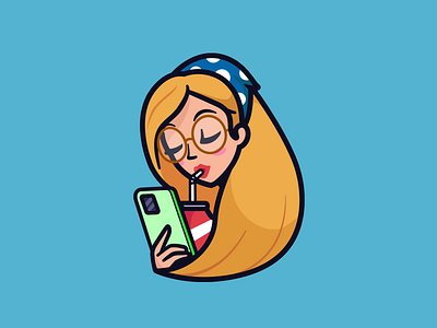 Soda blockchain crypto bottle ui colorful cellphone girl woman cute identity branding logo illustration soda sipping brand branding social media