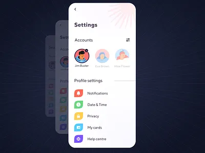 Settings screen with multiple accounts accounts app appdesign challenge collectui concept daily dailyui dailyui007 dailyui7 dailyuichallenge dailyuichallenge7 design ios minimal multiple ui uidesign users ux