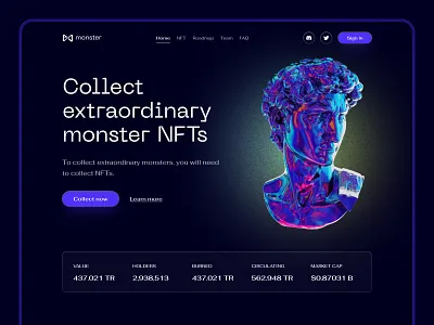Monster - NFT Marketplace Website art bitcoin crypto cryptoart cryptocurrency dark eth header landing page marketplace nfts token ui ui design ux web design website