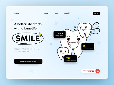 Denty - dental center concept ambulance art blue clinic concept dental design doctor dribbble figma health hospital illustration selfcare stars teeth trendy typography ui ux