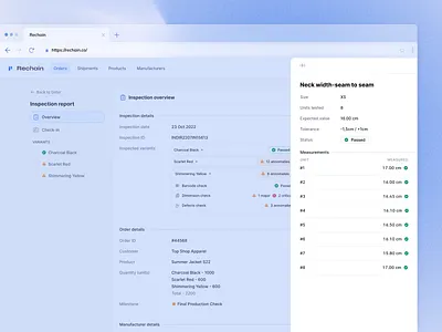 Slide-Over Panel - Quality Control Check Details blue detail view dialog drawer fashion production figma list menu modal panel quality control saas side panel slide over table web