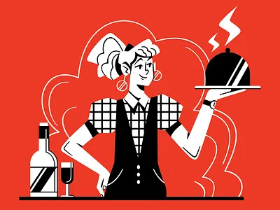 FoodFireKnives - 3 character dinner eat food girl illustration kitchen lady restaurant waiter wine woman