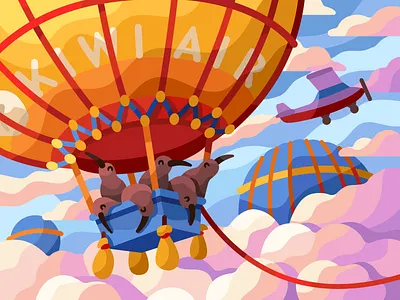 Kiwi birds on the air balloon air air baloon air baloon illostration air baloons flat illustration kiwi kiwi bird kiwi illustration new zeland pbn puzzle sky vector vector art vector graphic