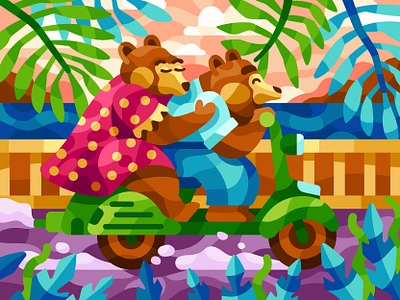 Bears on a moped bear bears bikers couole on motorcycles couple couple in love flat illustration moped mopeds moto moto illustration moto life motocycle vector