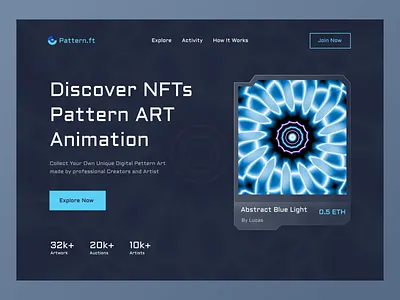Pattern.Ft - NFT Marketplace Hero Section animation animation design art card crypto design concept digital eth futuristic header hero minimalist motion graphics nft pattern token ui ux website