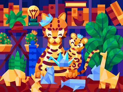 Ocelots make origami baby with mother flat illustration kids learning kids lessons mother with baby ocelot ocelot illustration origami origami art origami crane origami illustration origami kids origami love origami paper origami work paper art pbn puzzle vector