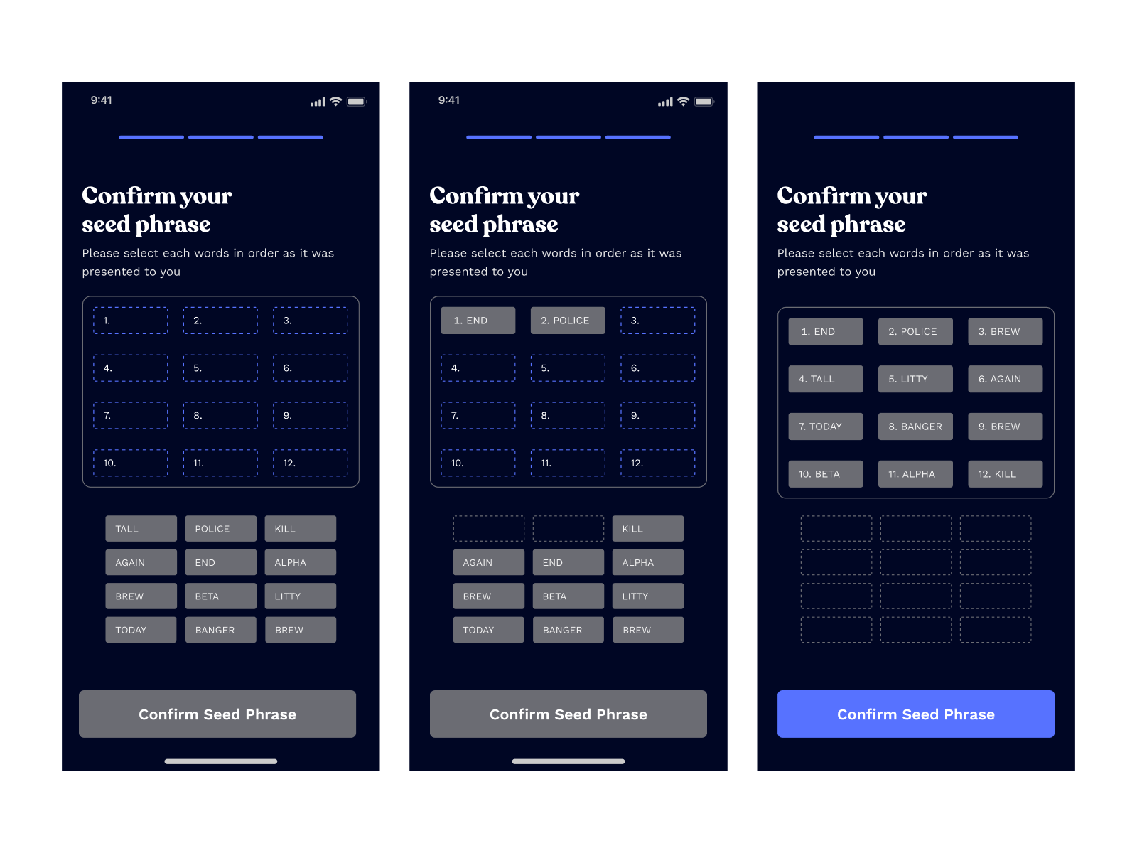 Confirm Seed Phrase Mobile UI by Orezi Mena on Dribbble