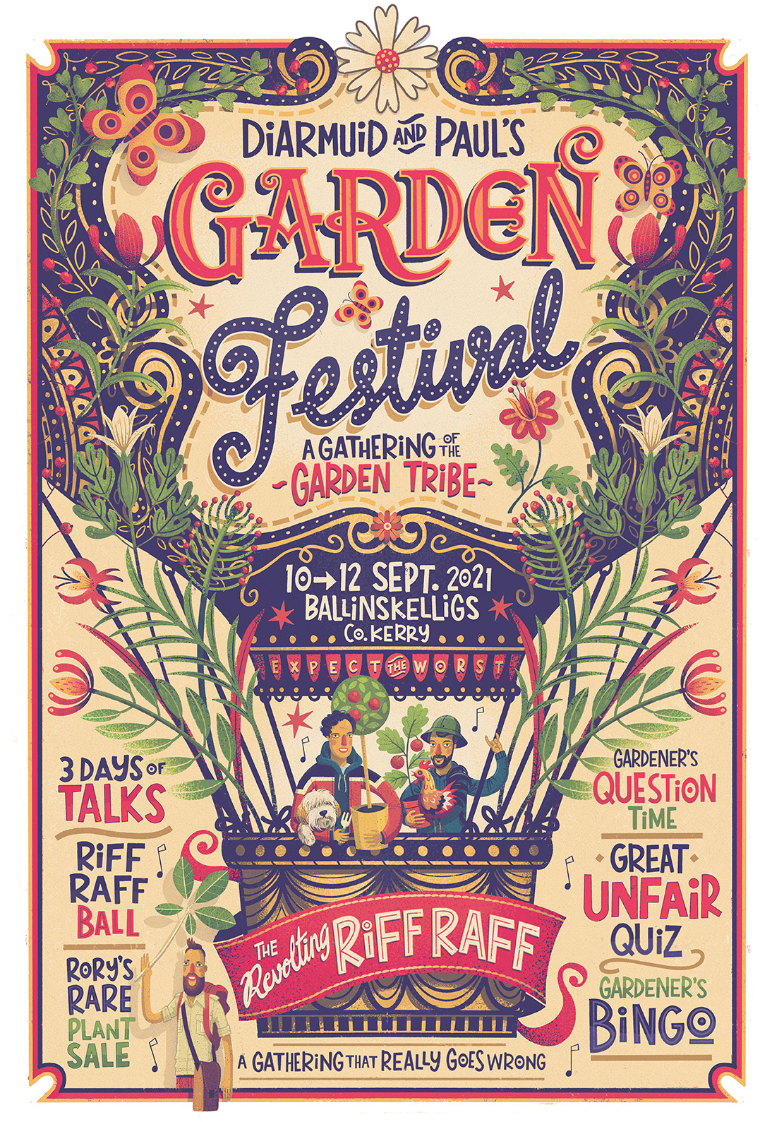 'GARDEN FESTIVAL' illustrated poster design branding butterflies character design event festival flowers fun garden gardener graphic design hand lettering hot air balloon illustrated illustration logo plants poster