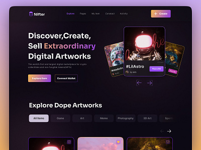 NFT Marketplace Landing page 2022 trend bitcoin blockchain clean ui dark ui elon figma landing page metaverse nft nft art solana nft space design ui design web 3.0 web design webdesign webflow website wordpress