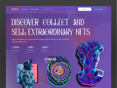 Rekit | NFT header exploration artworks bitcoin blockchain crypto currency dark ethereum landing page marketplace neon nft token ui website website design