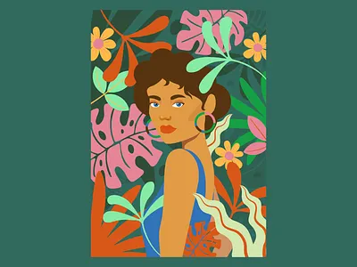 In the forest bold colours female portrait feminine flat illustration forest forest illustration graphic design hair illustration nature inspired plants portrait tropical plants