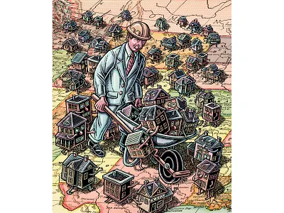 "Housing Giants" Illustration business illustration collage construction editorial illustration female illustrator houses housing illustration illustrator lisa haney magazine illustration map professional builder scratchboard