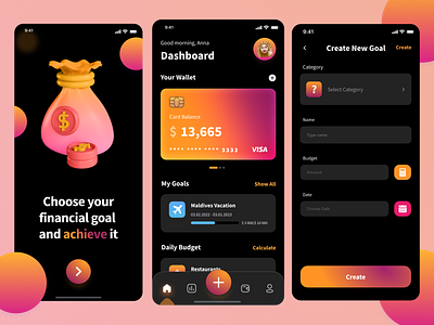 Financial Goals App | Money App | Dark mode IOS App 3d app banking budget budget app card cost planning figma finance finance app illustration iosapp mobile mobile app design mobile ui money planning ui ui kit wallet