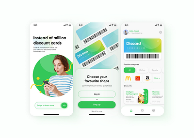 Discount card app adaptive app application brand branding card design discount icon illustration logo mobile onboarding shopping typography ui ux vector web