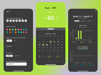 Goal Tracking App app building habits dark mode design engaging fun goal goal tracking health activity lifestyle money savings motivation personal growth planning progress reminder self care task tracker ui