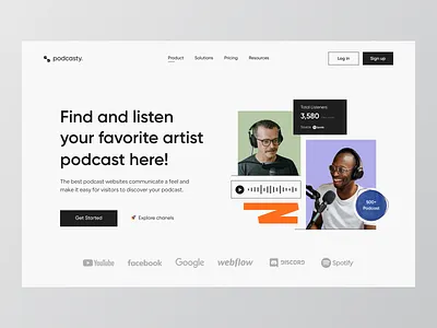 Podcasty - SaaS Hero Section 🎙 audio b2b clean header hero hero section live streaming minimalist podcast podcasters podcasting radio saas saas website spotify saas ui ux web web design website