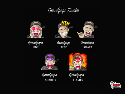 Grandpapa Twitch Emotes cartoon designer emoji emote emotes flames grandpapa graphicdesign hey illustration logo love man scared shaka sticker streamers twitch twitchemote twitchemotes