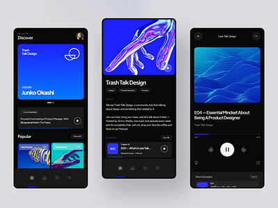 Podcast Platform Mobile app black blue clean dark mode design graphic design minimal mobile mobile app mobile ui music podcast podcast app podcasts spotify ui ui design ux