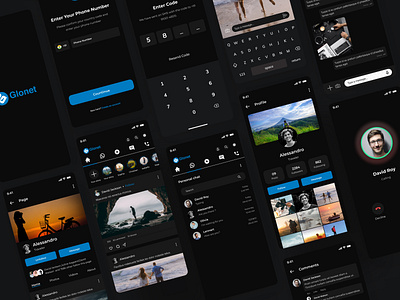 Glonet - Social Media App (Dark Mode) application apps design apps ui chat dark mode dark ui home minimal mobile app mobile app ui mobile social app profile search social social media social media mobile app social network stories trendy ui ux