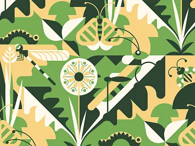 Insects seamless pattern bug catepillar clover dandelion dragonfly ecology flat flowers geometric grass grasshopper green insects nature vector