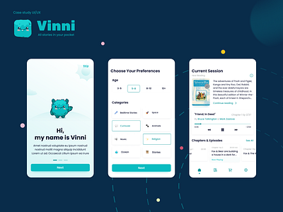 Vinni - children book platform app design application clean clean design colorful colors creative design e book flat flat design illustration kids book mobile app reading app ui uiux ux