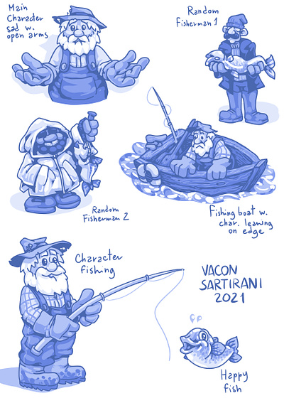 Character Design: fishermen 2d character design clip studio paint comics editorial illustration